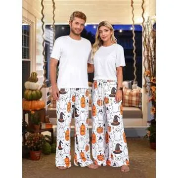 RMCMS Couples Cute Halloween Ghost Pumpkin Print Pajama Pants Sleep Lounge Pjs Bottoms with Pockets