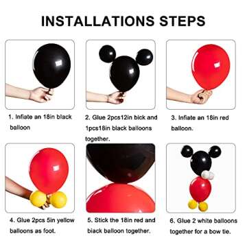 Julliz 142pcs Mouse Balloons Garland Kit, Foil Confetti Black Red Yellow White for Cartoon Mouse Theme Birthday Shower Decorations