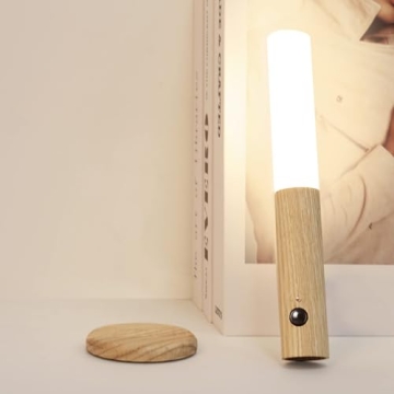 LANDGOO Wooden Motion Sensor Night Lights Magnet Body Sensor Hallway Night Lights Rechargeable Led Light Portable Stairway Night Lights Wall Sconce Battery Powered Cabinet Lights (White Ash Wood)