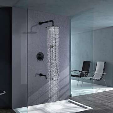 RBROHANT Shower System with Tub Spout and Handheld Matte Black Bathtub Shower Faucet Combo Set with 10 Inch Rain Shower Head, Brass Rough-in Pressure Balance Valve Included, Wall Mounted, RB1109