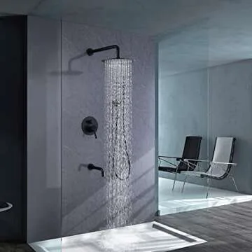 RBROHANT Shower System with Tub Spout and Handheld Matte Black Bathtub Shower Faucet Combo Set with 10 Inch Rain Shower Head, Brass Rough-in Pressure Balance Valve Included, Wall Mounted, RB1109