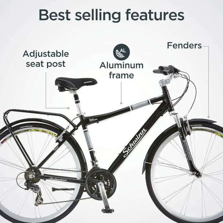 Schwinn Discover Adult Hybrid Bike for Men and Women, 700c Wheels, 21-Speeds, Step-Through or Step-Over Frame, Front and Rear Fenders, Rear Cargo Rack
