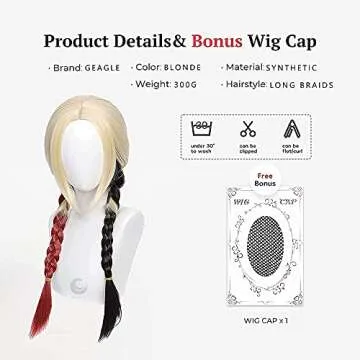 Geagle Long Blonde Wig with Red and Black Braided Wigs Ponytails Pigtails Clown Cosplay Costume Cosplay Halloween Women 2021