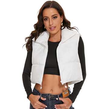 ELFJOY Cropped Puffer Vest Winter Sleeveless Womens Vests Outerwear Warm Stand Collar Padded Puffy V...