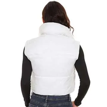 ELFJOY Cropped Puffer Vest Winter Sleeveless Womens Vests Outerwear Warm Stand Collar Padded Puffy Vests (White) S