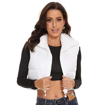 ELFJOY Cropped Puffer Vest Winter Sleeveless Womens Vests Outerwear Warm Stand Collar Padded Puffy Vests (White) S