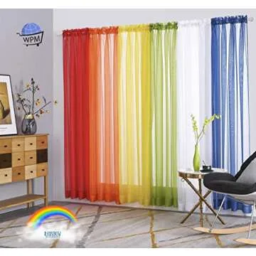 6 Piece Rainbow Sheer Window Panel Colorful Backdrop Bright Curtains Set for Playroom, Nurseries, Bedroom & more Lime, Orange, Red, Purple, Bright Yellow, Navy drapes- 84 inch Long Panels