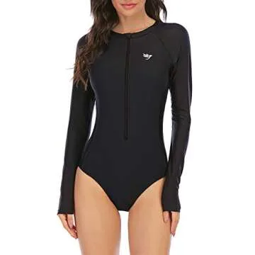 Century Star Women's One Piece Long Sleeve Rash Guard UV Protection Floral Printed Surfing Swimsuit Bathing Suit Black 4-6