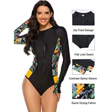 Century Star Women's One Piece Long Sleeve Rash Guard UV Protection Floral Printed Surfing Swimsuit Bathing Suit Black 4-6