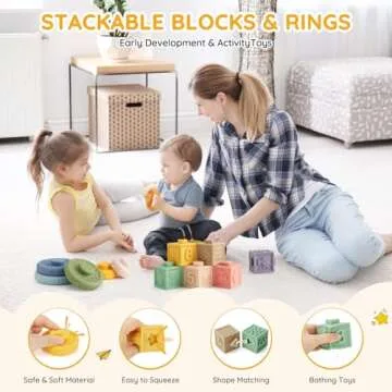 VoMii 18Pcs Baby Toys 6-12-18 Months, Montessori Toys Newborn Toys for Babies, Infant Teether Sorting Stacking Blocks Spinner Toy Activity Cube Pull Push Sensory Toys for Toddlers 1-2-3 Years