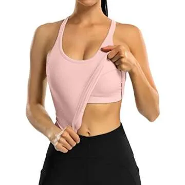 ATTRACO Women Yoga Tops with Built in Bra Gym Ribbed Workout Tank Crop Top Pink S
