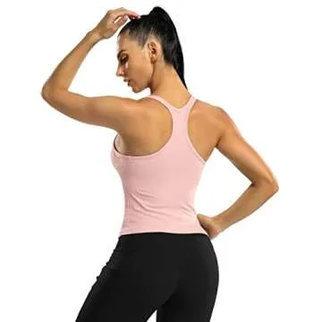 ATTRACO Women Yoga Tops with Built in Bra Gym Ribbed Workout Tank Crop Top Pink S