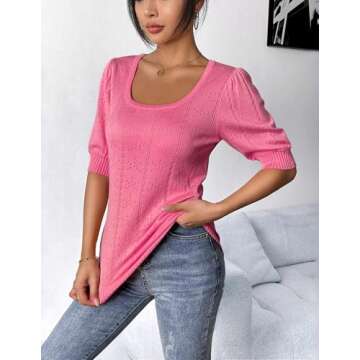 Womens Fashion Puff Sleeve Tops Loose Fit Square Neck Shirts Blouses Knit Pullover Sweaters Watermel...