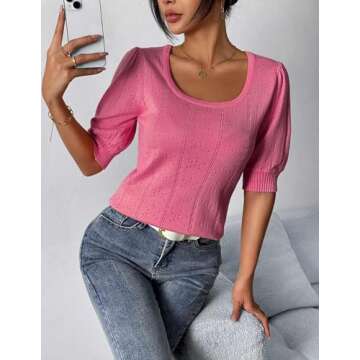 Womens Fashion Puff Sleeve Tops Loose Fit Square Neck Shirts Blouses Knit Pullover Sweaters Watermelon Red