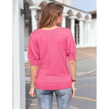 Womens Fashion Puff Sleeve Tops Loose Fit Square Neck Shirts Blouses Knit Pullover Sweaters Watermelon Red