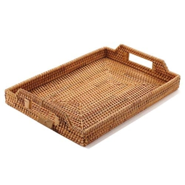 Hand-Woven Rattan Serving Tray with Handles for Breakfast, Drinks, Snack for Dining/Coffee Table (14...