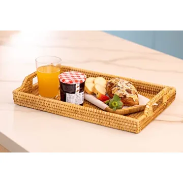 Hand-Woven Rattan Serving Tray with Handles for Breakfast, Drinks, Snack for Dining/Coffee Table (14.5 inch (37 cm), Rectangular)