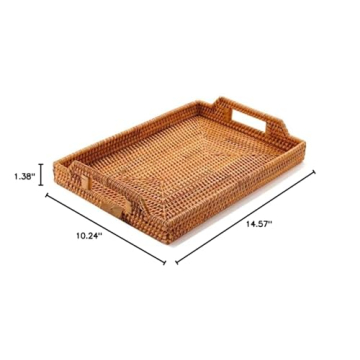 Hand-Woven Rattan Serving Tray with Handles for Breakfast, Drinks, Snack for Dining/Coffee Table (14.5 inch (37 cm), Rectangular)