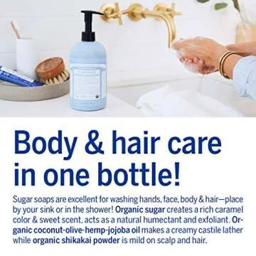 Dr. Bronner’s - Organic Sugar Soap (Baby Unscented, 12 Ounce) - Made with Organic Oils, Sugar and Shikakai Powder, 4-in-1 Use: Hands, Body, Face and Hair, Moisturizes and Nourishes, No Added Fragrance