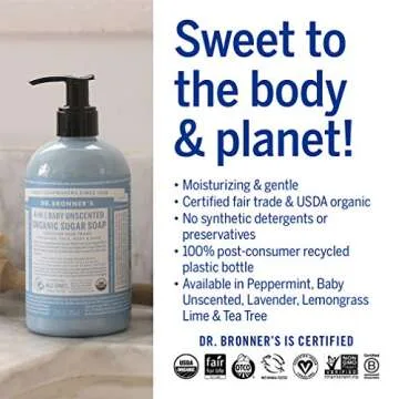 Dr. Bronner’s - Organic Sugar Soap (Baby Unscented, 12 Ounce) - Made with Organic Oils, Sugar and Shikakai Powder, 4-in-1 Use: Hands, Body, Face and Hair, Moisturizes and Nourishes, No Added Fragrance