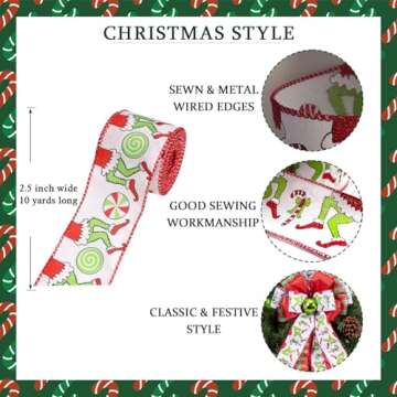 Christmas Ribbon for Tree, Red Green Funny Xmas Cartoon Character Ribbon Wired Peppermint Fabric Ribbon Gift Wrapping DIY Craft Wreath Bows Making Xmas Tree Decor Party Decoration, 10 Yards x 2.5inch