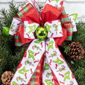 Christmas Ribbon for Tree, Red Green Funny Xmas Cartoon Character Ribbon Wired Peppermint Fabric Ribbon Gift Wrapping DIY Craft Wreath Bows Making Xmas Tree Decor Party Decoration, 10 Yards x 2.5inch