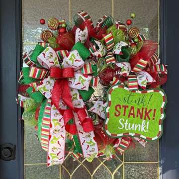 Christmas Ribbon for Tree, Red Green Funny Xmas Cartoon Character Ribbon Wired Peppermint Fabric Ribbon Gift Wrapping DIY Craft Wreath Bows Making Xmas Tree Decor Party Decoration, 10 Yards x 2.5inch