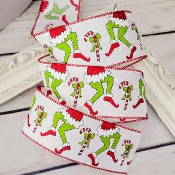 Christmas Ribbon for Tree, Red Green Funny Xmas Cartoon Character Ribbon Wired Peppermint Fabric Ribbon Gift Wrapping DIY Craft Wreath Bows Making Xmas Tree Decor Party Decoration, 10 Yards x 2.5inch