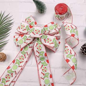 Christmas Ribbon for Tree, Red Green Funny Xmas Cartoon Character Ribbon Wired Peppermint Fabric Ribbon Gift Wrapping DIY Craft Wreath Bows Making Xmas Tree Decor Party Decoration, 10 Yards x 2.5inch