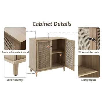 Zouron 2 Door Rattan Storage Cabinet, 32'' Sideboard Buffet Kitchen Storage Cabinet with Rattan Doors, Multifunctional Cupboard Console Table with Shelf, Living Room Sofa Accent Cabinet, Natural