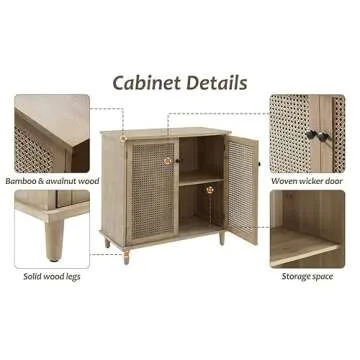 Zouron 2 Door Rattan Storage Cabinet, 32'' Sideboard Buffet Kitchen Storage Cabinet with Rattan Doors, Multifunctional Cupboard Console Table with Shelf, Living Room Sofa Accent Cabinet, Natural