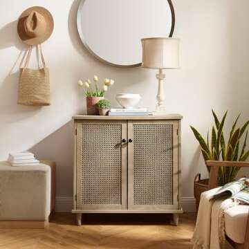 Zouron 2 Door Rattan Storage Cabinet, 32'' Sideboard Buffet Kitchen Storage Cabinet with Rattan Doors, Multifunctional Cupboard Console Table with Shelf, Living Room Sofa Accent Cabinet, Natural