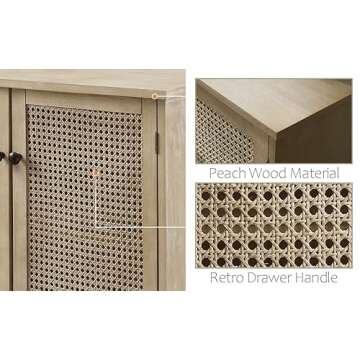 Zouron 2 Door Rattan Storage Cabinet, 32'' Sideboard Buffet Kitchen Storage Cabinet with Rattan Doors, Multifunctional Cupboard Console Table with Shelf, Living Room Sofa Accent Cabinet, Natural