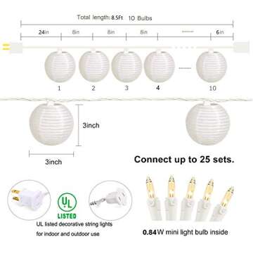 SUNSGNE 8.5Ft Cute White Lantern String Lights:10 Mini LED Oriental Style White Lanterns Plug in Hom...