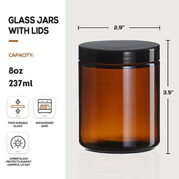 12 Pack, 8 OZ Thick Glass Jars with Lids, Dark Amber Candle Jars with 12 Metal & 12 Plastic Lids - E...