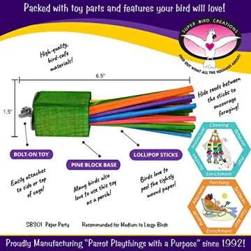 Super Bird Creations - SB301 Chewable Paper Party Bird Toy with Colorful Lollipop Sticks - Ringnecks...