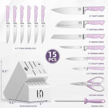 Knife Set, KnifeSaga Purple Kitchen Knife Set 15Pcs, Enduring Razor-Sharp Knife Block Set, High Carbon Stainless Steel Purple Knife Set with Block and sharpener, Premium Forged Knives Set for Kitchen