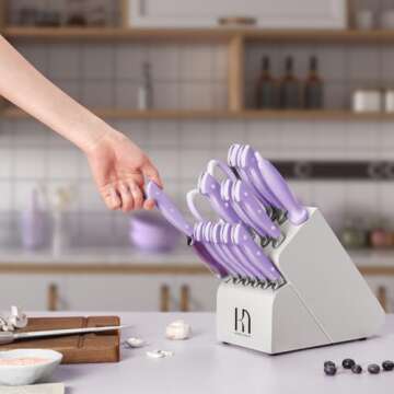 Knife Set, KnifeSaga Purple Kitchen Knife Set 15Pcs, Enduring Razor-Sharp Knife Block Set, High Carbon Stainless Steel Purple Knife Set with Block and sharpener, Premium Forged Knives Set for Kitchen