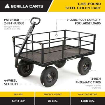 Gorilla Carts Heavy Duty Utility Cart, All Terrain Garden Wagon, 1200 Lb, Black