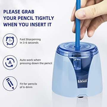 Eagle Electric Pencil Sharpener, Battery Powered, Portable, and Safe for Kids and Office Use (Blue)