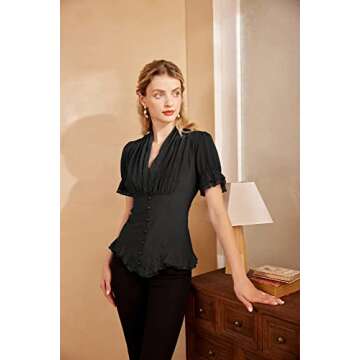Scarlet Darkness Black Elegant Shirt Womens Steampunk Victorian Lace Up Blouse V Neck Short Sleeve Shirts Black L