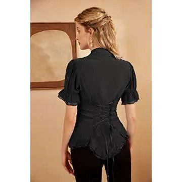 Scarlet Darkness Black Elegant Shirt Womens Steampunk Victorian Lace Up Blouse V Neck Short Sleeve Shirts Black L