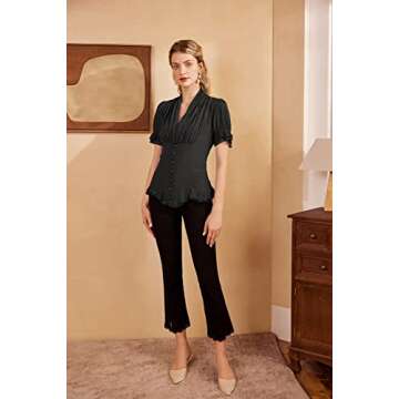 Scarlet Darkness Black Elegant Shirt Womens Steampunk Victorian Lace Up Blouse V Neck Short Sleeve Shirts Black L