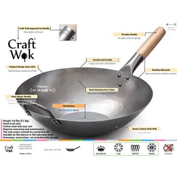 Craft Wok Flat Hand Hammered Carbon Steel Pow Wok with Wooden and Steel Helper Handle (14 Inch, Flat...