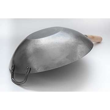 Craft Wok Flat Hand Hammered Carbon Steel Pow Wok with Wooden and Steel Helper Handle (14 Inch, Flat Bottom) / 731W316
