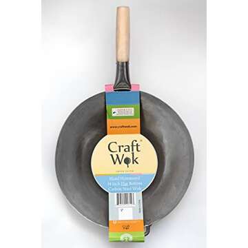 Craft Wok Flat Hand Hammered Carbon Steel Pow Wok with Wooden and Steel Helper Handle (14 Inch, Flat Bottom) / 731W316