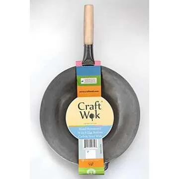 Craft Wok Flat Hand Hammered Carbon Steel Pow Wok with Wooden and Steel Helper Handle (14 Inch, Flat Bottom) / 731W316