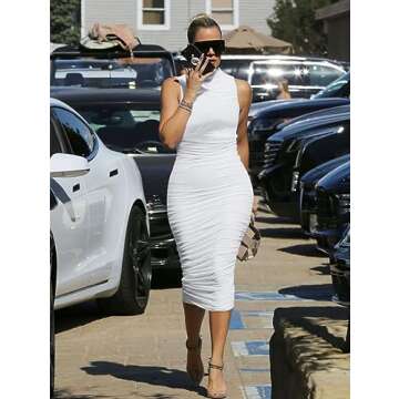 LAGSHIAN Women's Sexy Bodycon High Neck Sleeveless Ruched Midi Cocktail Party Dress White