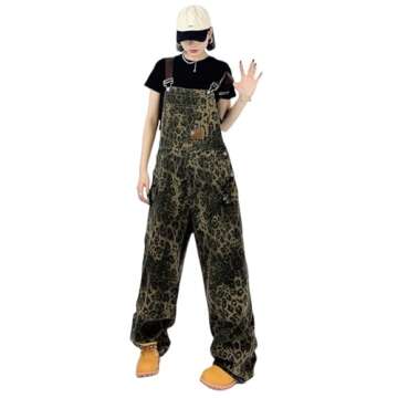 COOLMONAR Women's Y2K Leopard Print Jeans Overall Chic Streetwear Baggy Wide Leg Jumpsuit Retro Hip ...