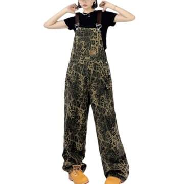 COOLMONAR Women's Y2K Leopard Print Jeans Overall Chic Streetwear Baggy Wide Leg Jumpsuit Retro Hip Hop Loose trouser
